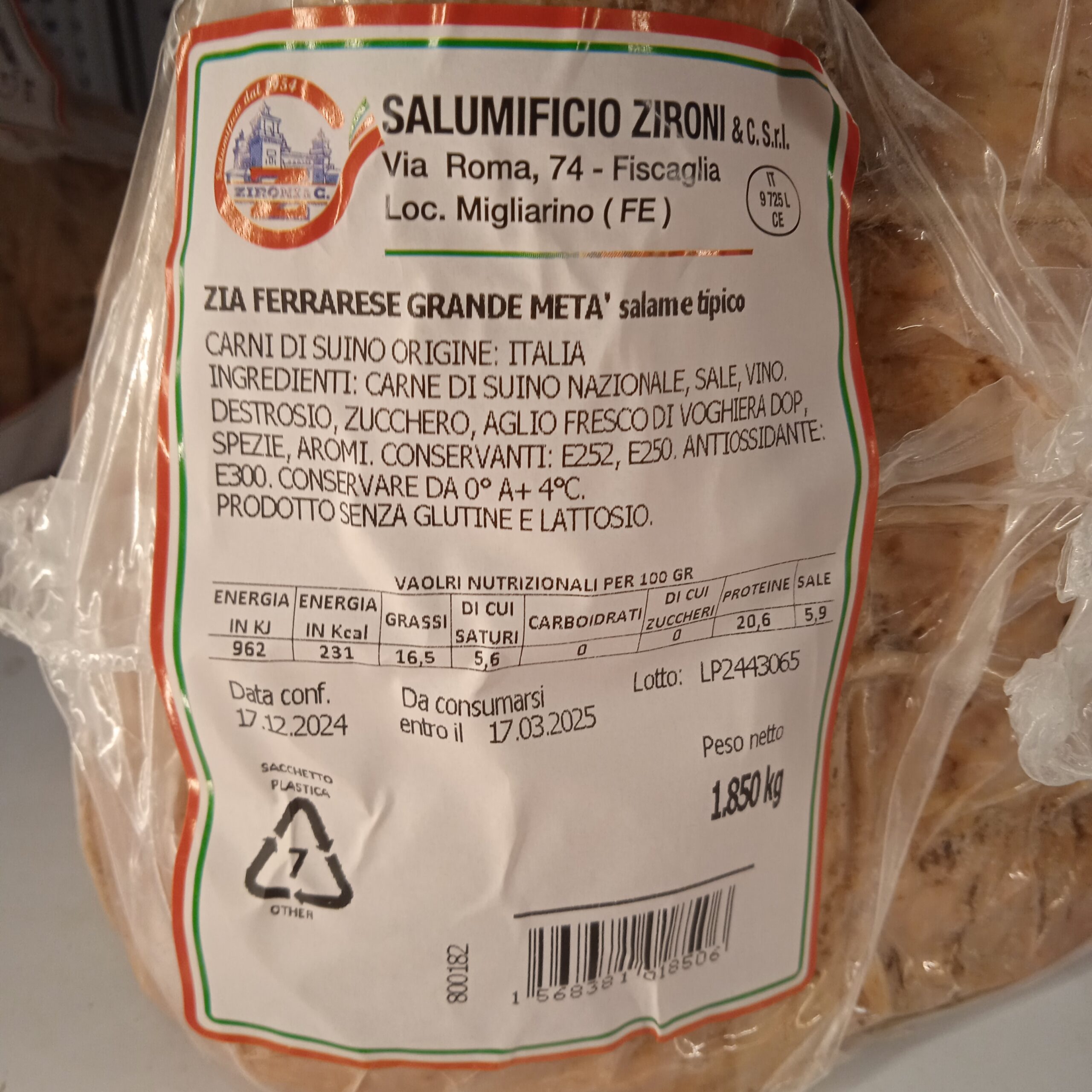 Salame all'aglio Zia Ferrarese SALUMIFICO ZIRONI 2kg c.a. - immagine 2